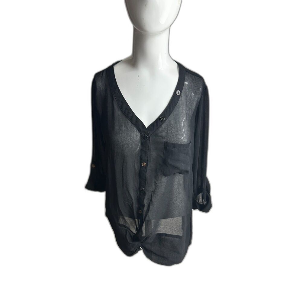 THE LIMITED Sheer Top Women Size S Pocket Accent Button Down V Neck Top Black